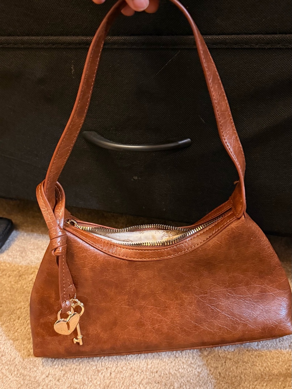 Brown Faux-Leather Shoulder Bag with Gold Charm Accent